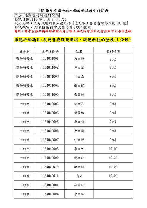 【公告】115學年度 運動器材科技研究所碩士班考試入學 面試資訊(含議題評論題目)圖片
